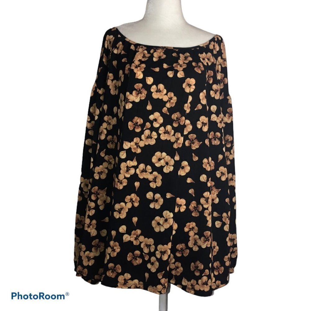 NWT AVA & VIV Stretch Black Floral Print Long Sleeve Top Sz 1X